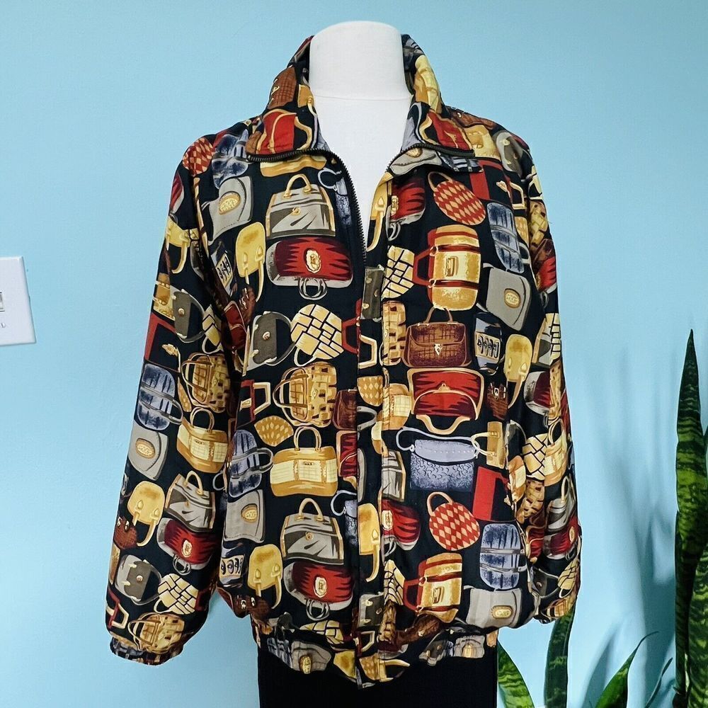 Fuda Medium Silk Purses Print Full Zipper Jacket Windbreaker Colorful Y2K 0737